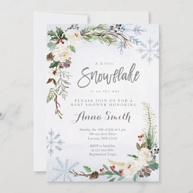 Flower Winter Snowflakes is on the way baby shower Invitation (Front)