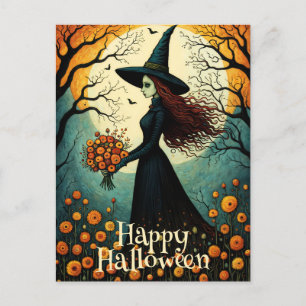 Flower Witch Girl Night Forest Happy Halloween Postcard