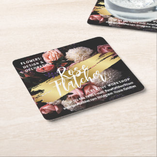 Flower Workshop Black Gold Square Paper Coaster