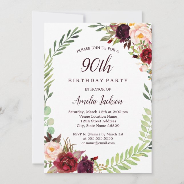 Flower Wreath Burgundy 90th Birthday Invitation (Front)