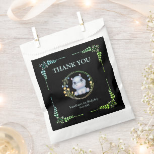 Flower Wreath Cute Hippo Birthday Thank You Black Favour Bag