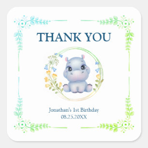 Flower Wreath Cute Hippopotamus Birthday Thank You Square Sticker