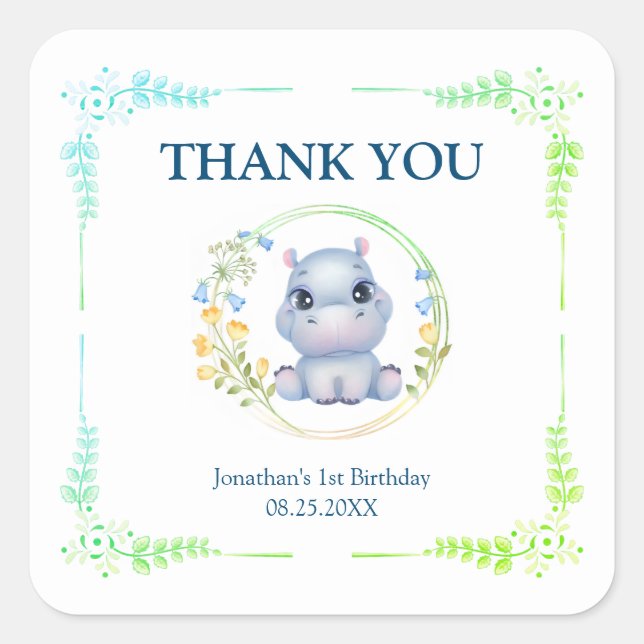 Flower Wreath Cute Hippopotamus Birthday Thank You Square Sticker (Front)