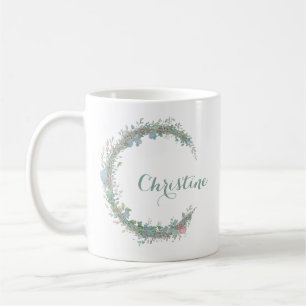 Flower wreath, female name, crescent moon coffee mug