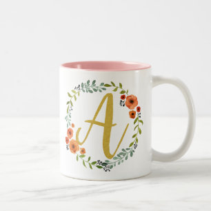 Flower Wreath Gold Monogram Initial A Two-Tone Coffee Mug