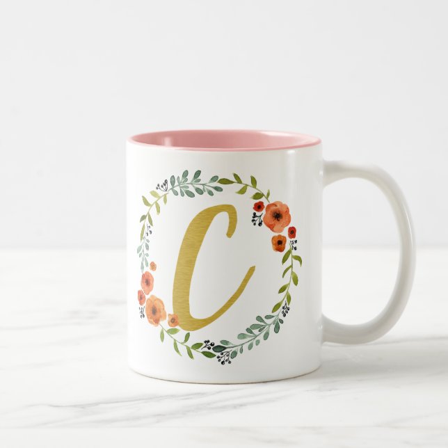 Flower Wreath Gold Monogram Initial C Two-Tone Coffee Mug (Right)