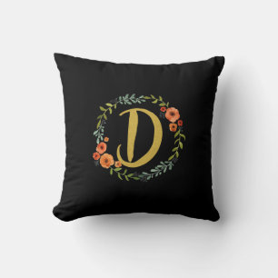 Flower Wreath Gold Monogram Initial D Cushion
