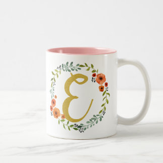 Flower Wreath Gold Monogram Initial E Two-Tone Coffee Mug