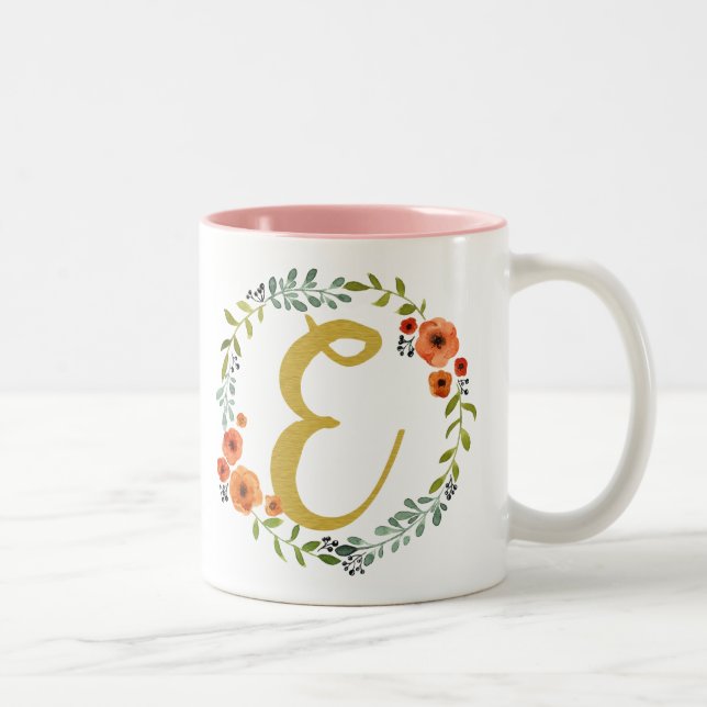 Flower Wreath Gold Monogram Initial E Two-Tone Coffee Mug (Right)