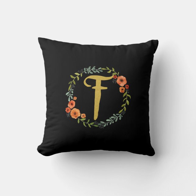Flower Wreath Gold Monogram Initial F Cushion (Front)