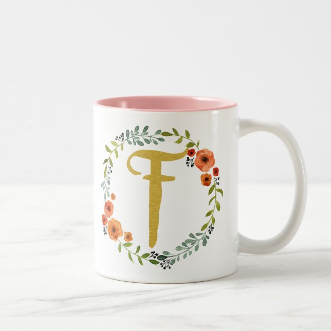 Flower Wreath Gold Monogram Initial F Two-Tone Coffee Mug (Right)