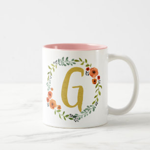 Flower Wreath Gold Monogram Initial G Two-Tone Coffee Mug