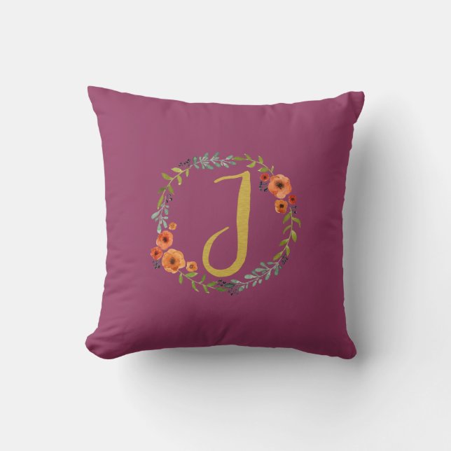 Flower Wreath Gold Monogram Initial J Cushion (Front)