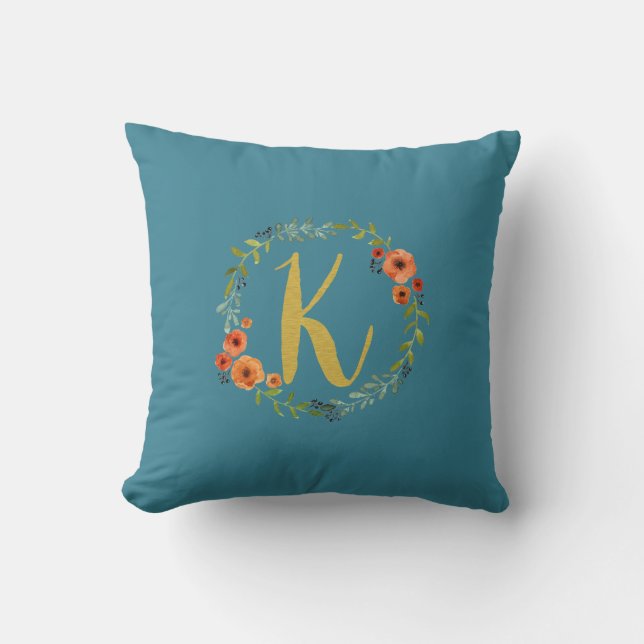 Flower Wreath Gold Monogram Initial K Cushion Teal (Front)