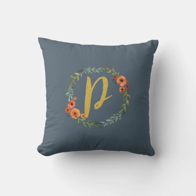 Flower Wreath Gold Monogram Initial P Cushion (Front)