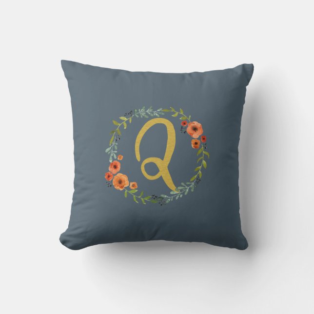 Flower Wreath Gold Monogram Initial Q Cushion (Front)