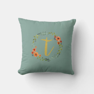 Flower Wreath Gold Monogram Initial T Cushion