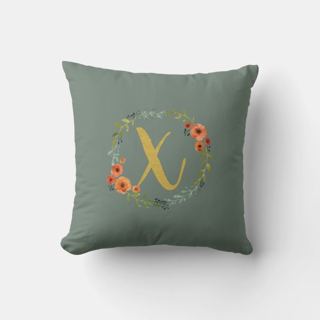 Flower Wreath Gold Monogram Initial X Cushion (Front)