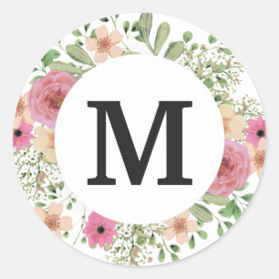 Flower Wreath Monogram Classic cute Classic Round Sticker