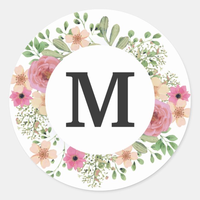 Flower Wreath Monogram Classic cute Round Sticker (Front)