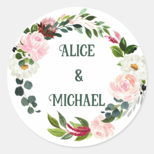 Flower wreath MONOGRAMM boho pink burgundy  Classic Round Sticker
