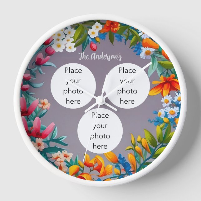 Flower wreath three photo and name customisable clock (Front)