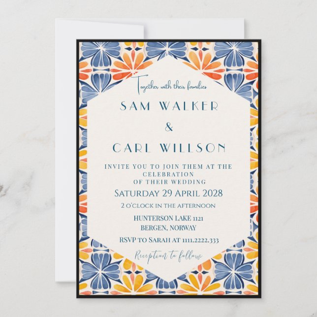 Flower Yellow Blue Orange Tile Wedding (Border) Invitation (Front)