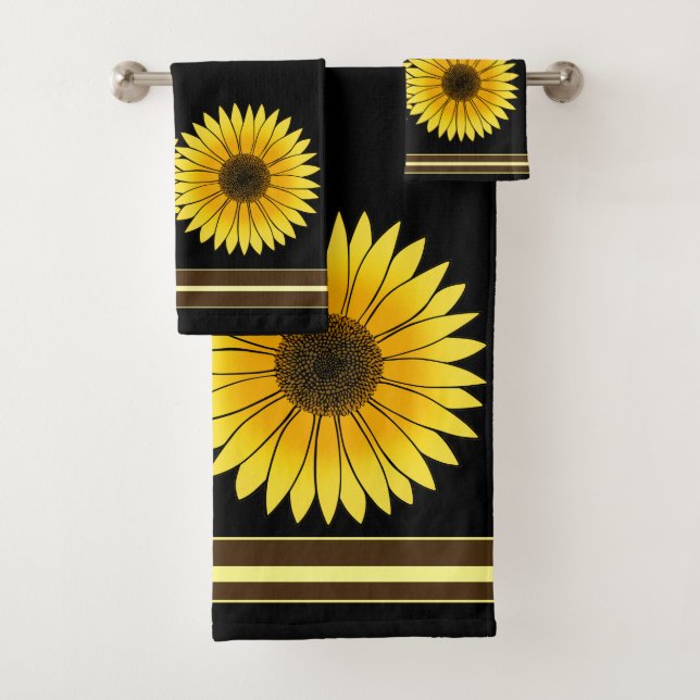 Flower Yellow Double Sunflower Black Background Bath Towel Set (Insitu)