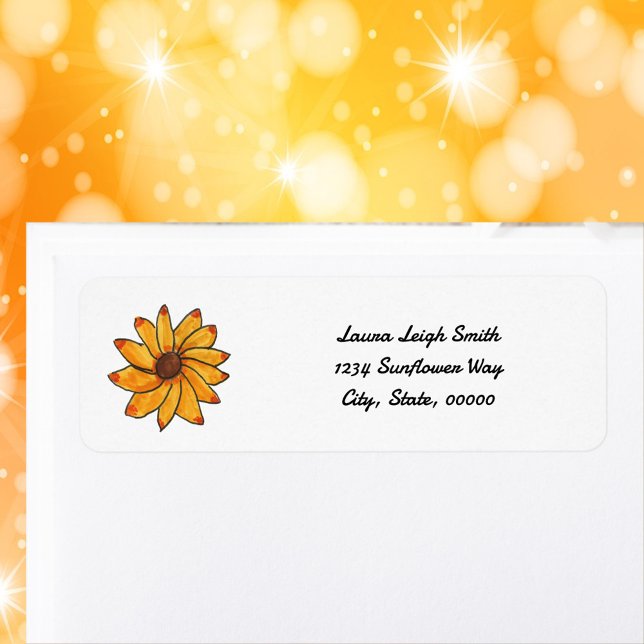 Flower Yellow Drawn Personalise Return Address Label (A return address label with a hand drawn sunflower and text you can personalize!)