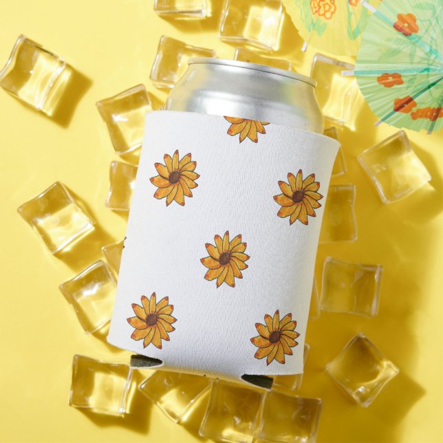 Flower Yellow Hand Drawn Ink Pattern Can Cooler (In Situ Summer)