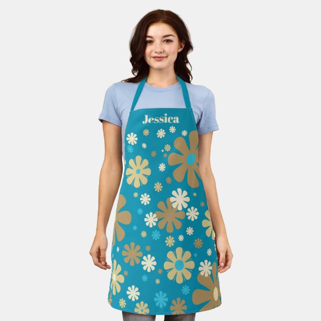 Flowerama Retro Floral Personalised Turquoise Apron (Worn)