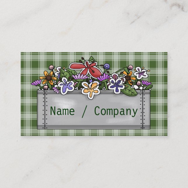 Flowerbox and green Gingham Business Card (Front)