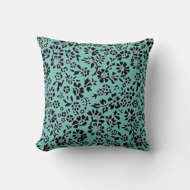 Flowered black/ocean blue throw pillow (Front)
