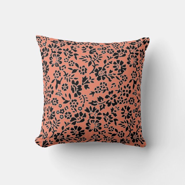Flowered black/salmon throw pillow. cushion (Front)