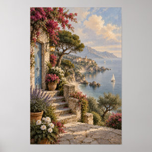 Flowered Coastal Terrace and Sailboat Village Wall Poster