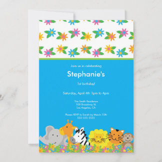 Flowered Jungle Animals Birthday Party Invitation