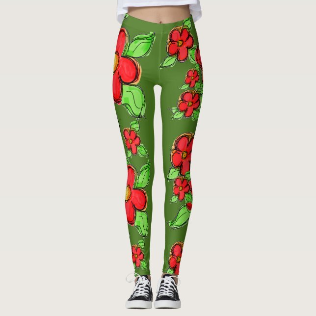 Flowered Moss Green Leggings (Front)