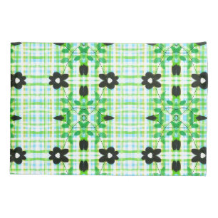 Flowered Pillow Cases With Blue And Green Plaid
