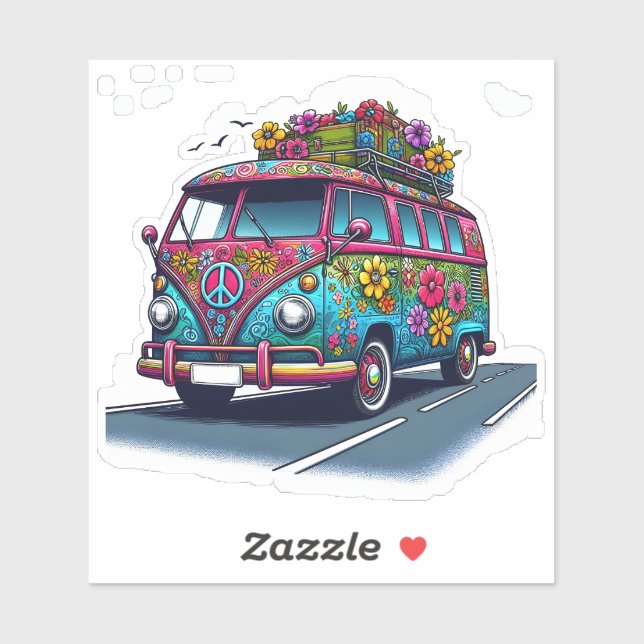 Flowered Retro Van on the Road (Sheet)