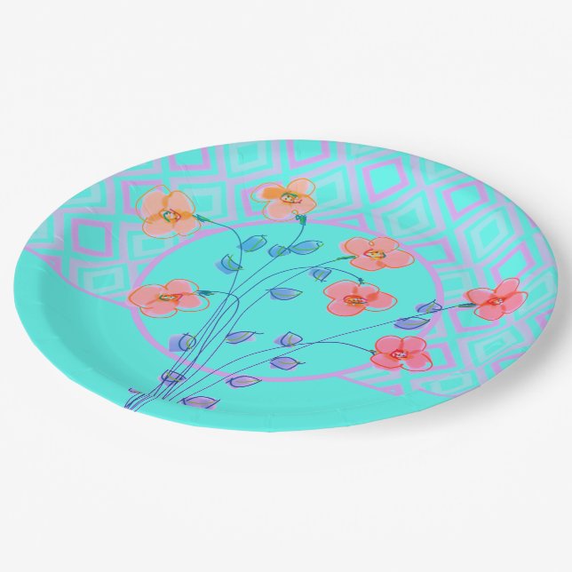 Flowered Teal Paper Plate (Angled)