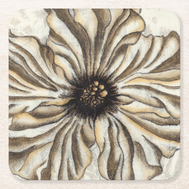 Flowerhead Fresco on Tan Background Square Paper Coaster (Front)