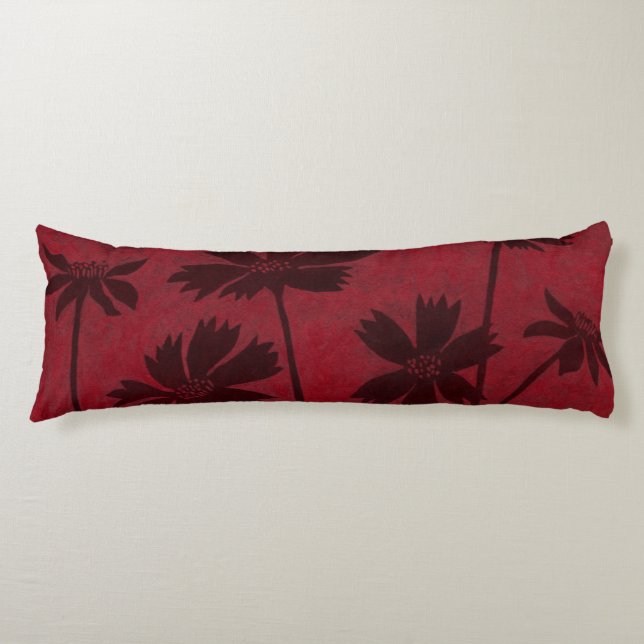 Flowerhead Silhouettes on Crimson Background Body Cushion (Front)