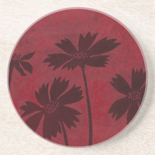 Flowerhead Silhouettes on Crimson Background Coaster