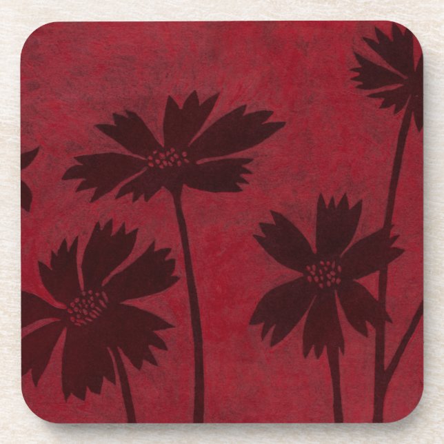 Flowerhead Silhouettes on Crimson Background Coaster (Front)