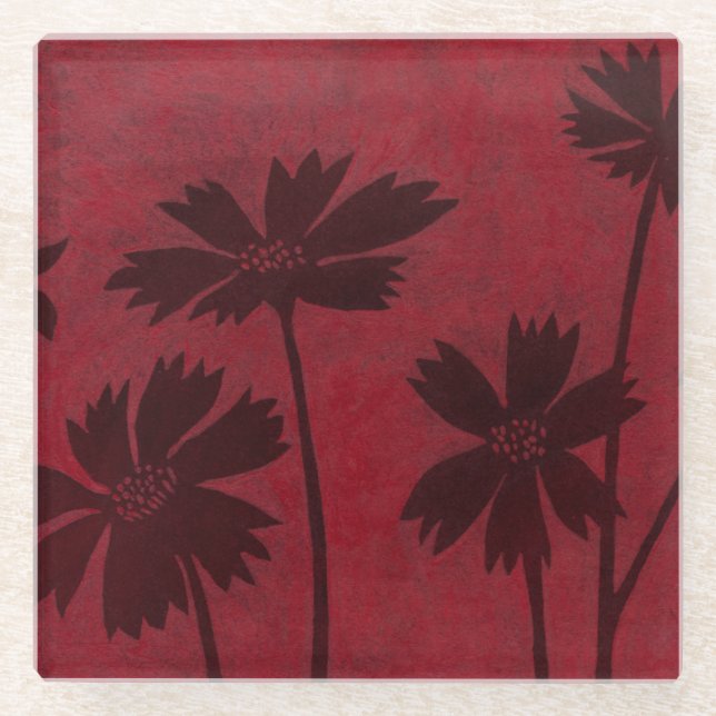 Flowerhead Silhouettes on Crimson Background Glass Coaster (Front)