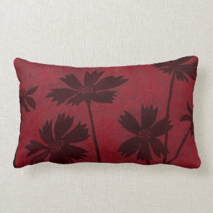 Flowerhead Silhouettes on Crimson Background Lumbar Cushion