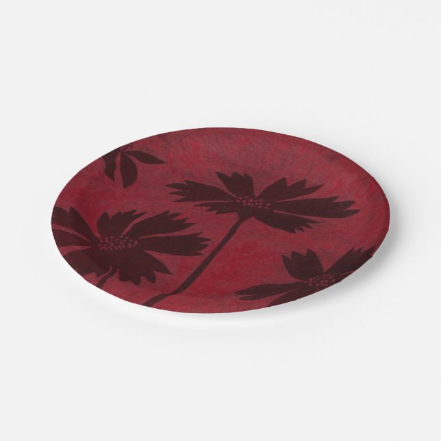 Flowerhead Silhouettes on Crimson Background Paper Plate (Angled)