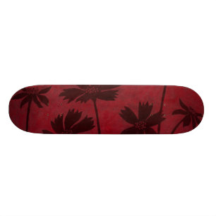 Flowerhead Silhouettes on Crimson Background Skateboard