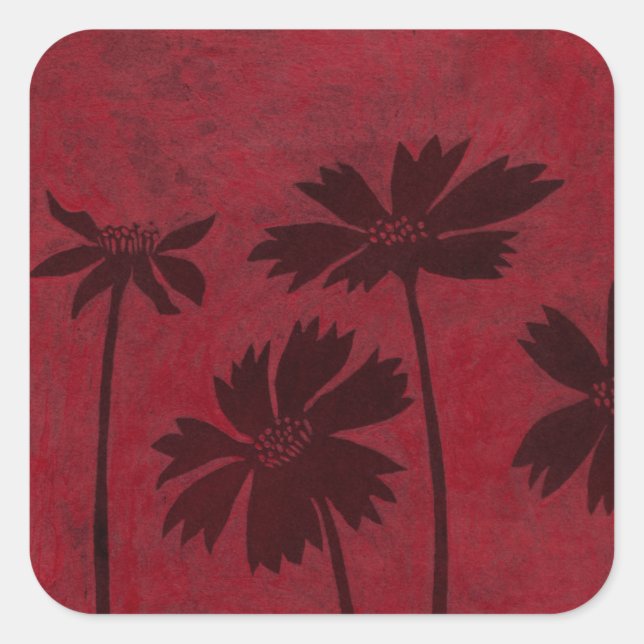 Flowerhead Silhouettes on Crimson Background Square Sticker (Front)