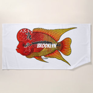 Flowerhorn cichlid fish cartoon illustration  beach towel